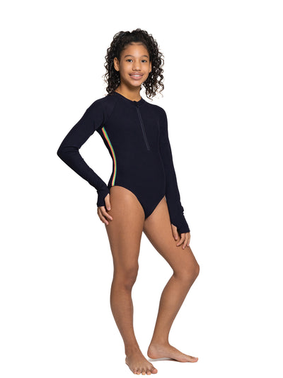 Ribbed Long Sleeve Zip-up Swimsuit