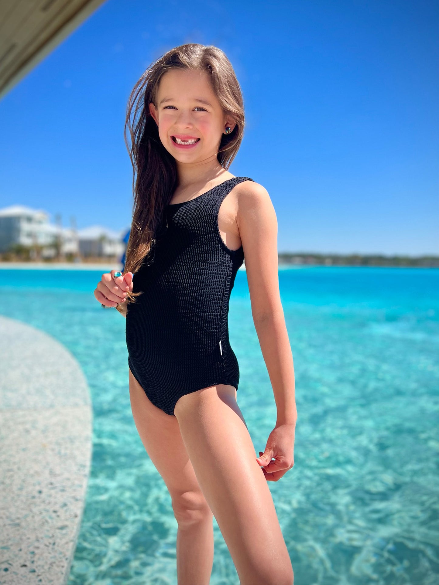 Square Neck One Piece Swimsuit with Crinkle Texture Fabric