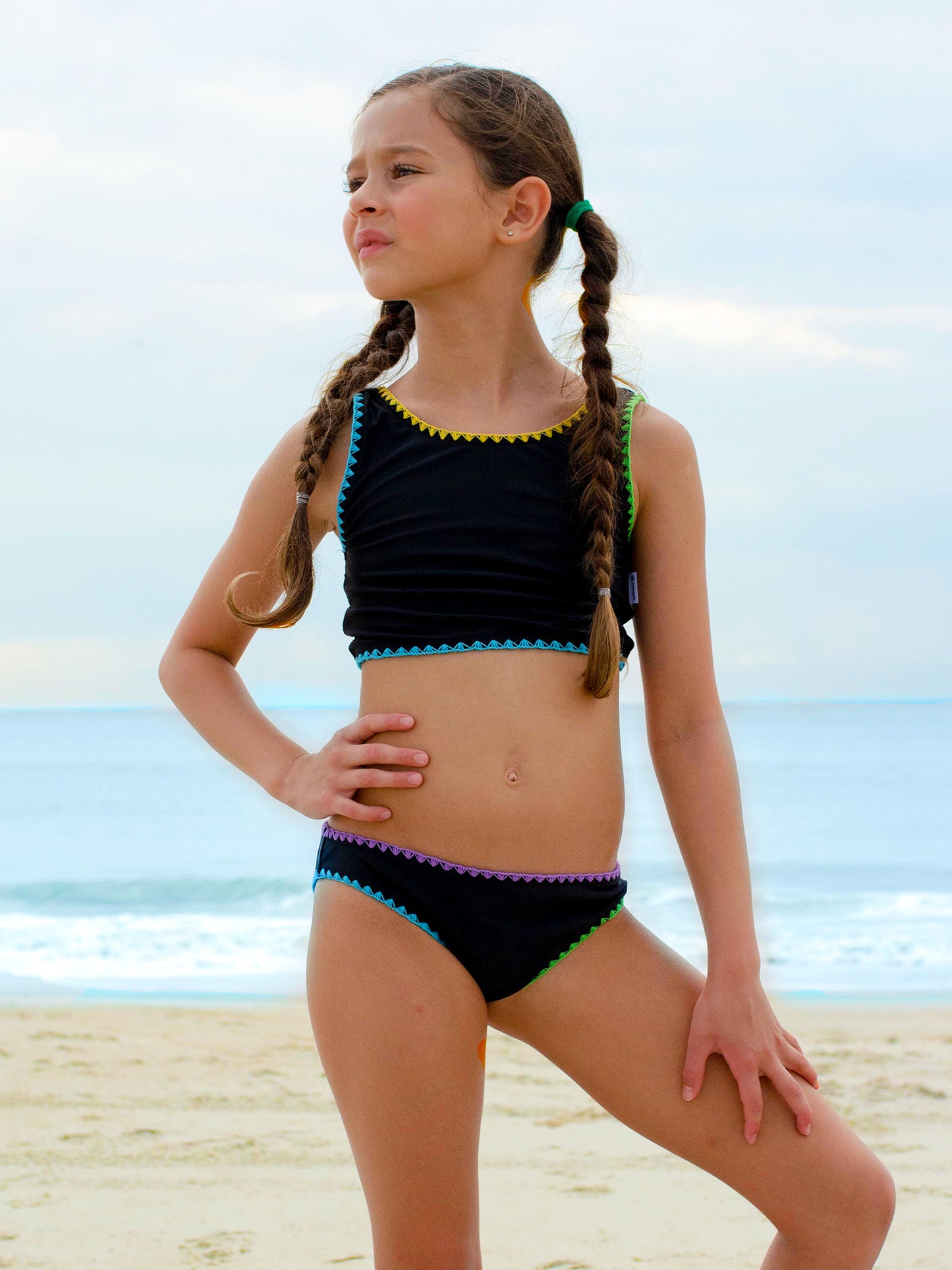 Textured Fabric Two Piece Swim Set with Embroideryroidery Trim Swimsuit